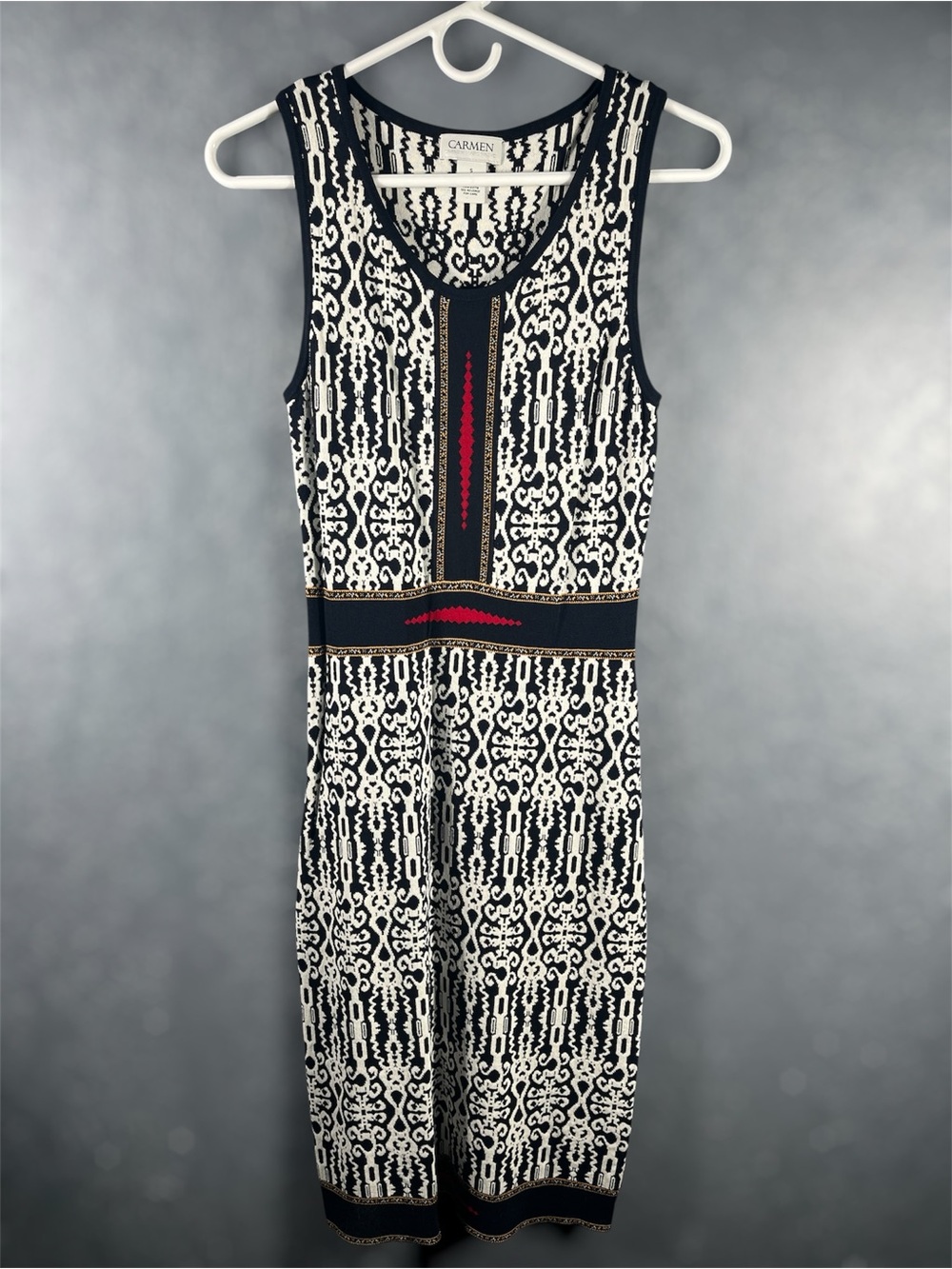 Carmen Marc Valvo Geometric Knit Tank Dress with Red Accents Womens Size Small